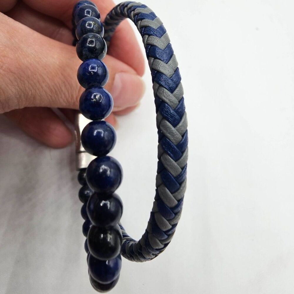 Spartali Men's Blue Beaded Braided Bracelet Stainless Steel Magnetic Clasp 8.5" - Picture 6 of 10